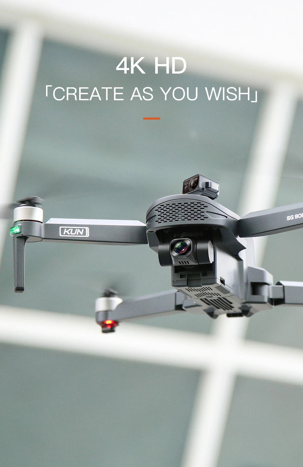 Drone with 4K HD camera and 'Create as You Wish' text on a blurred background