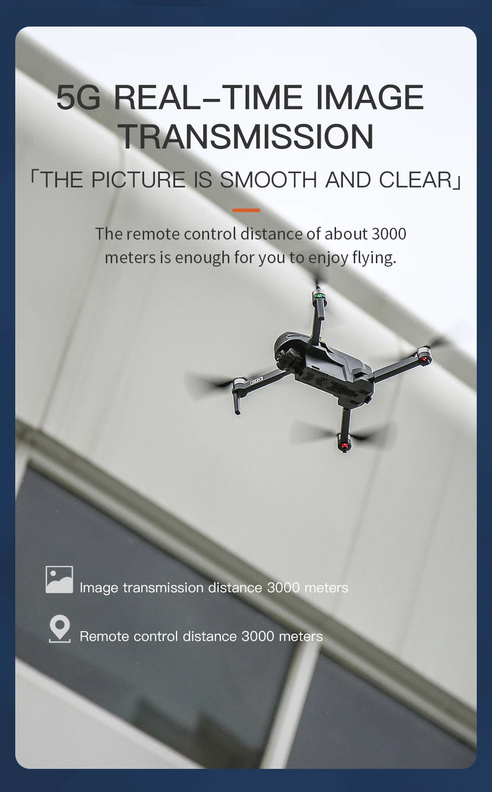 Drone with text about 5G real-time image transmission and remote control distance on a white background.