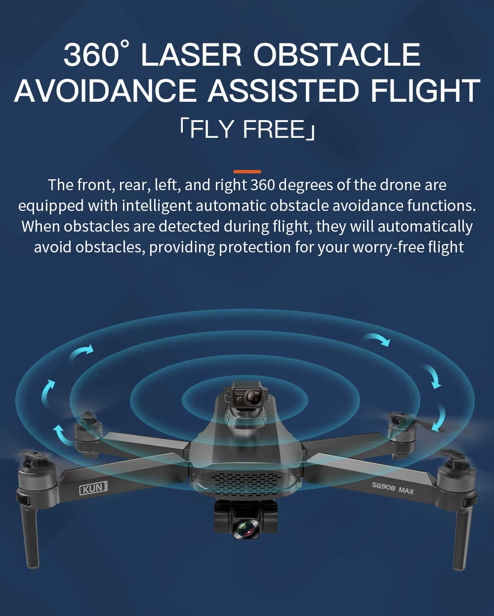 Drone with 360-degree laser obstacle avoidance system on a blue background