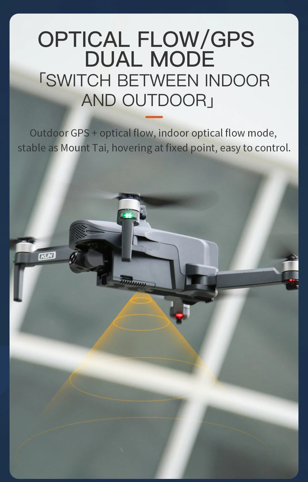 Drone with optical flow/GPS dual mode feature on a dark blue background