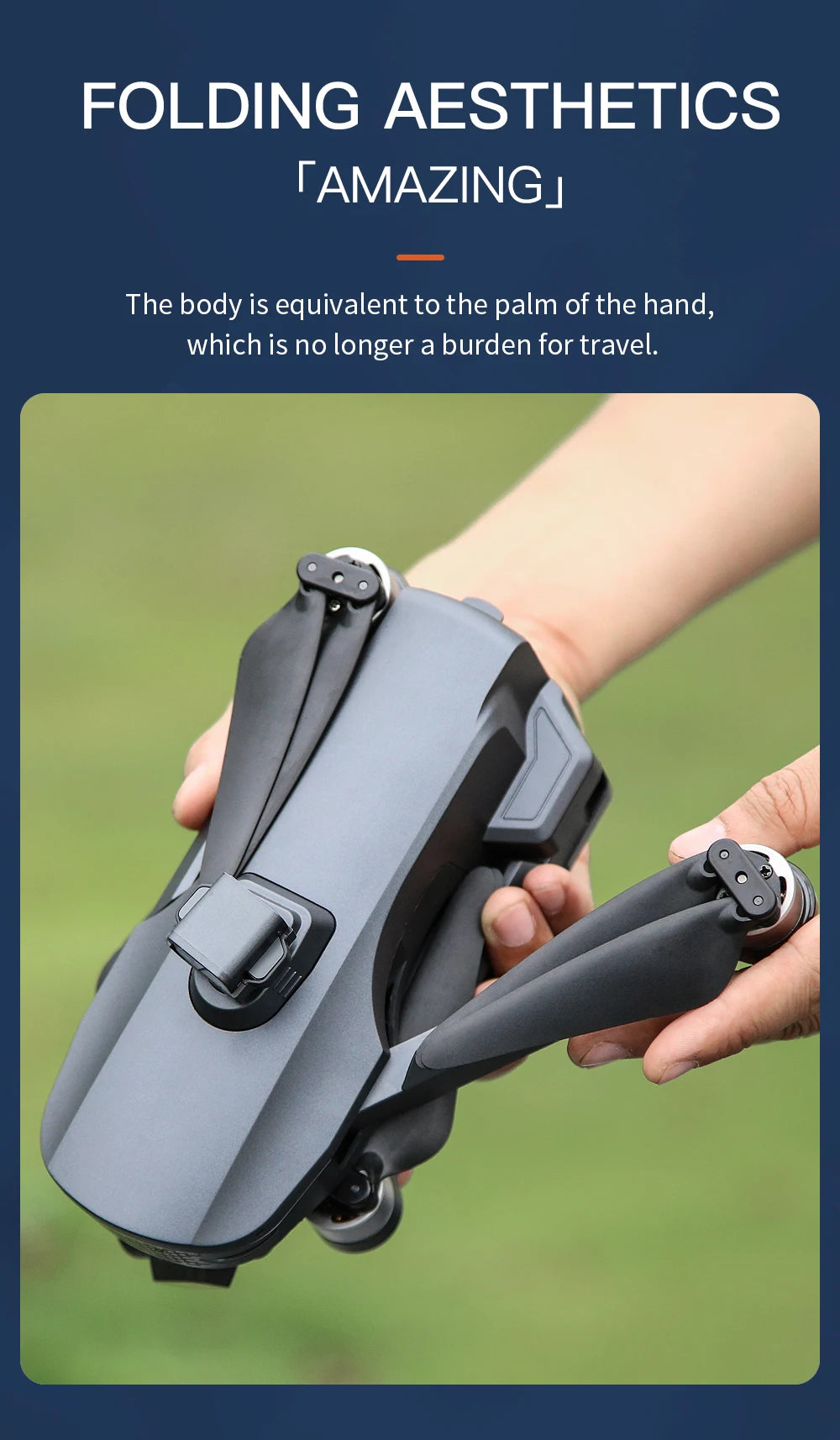 Foldable device held by a person with text about its compact size.