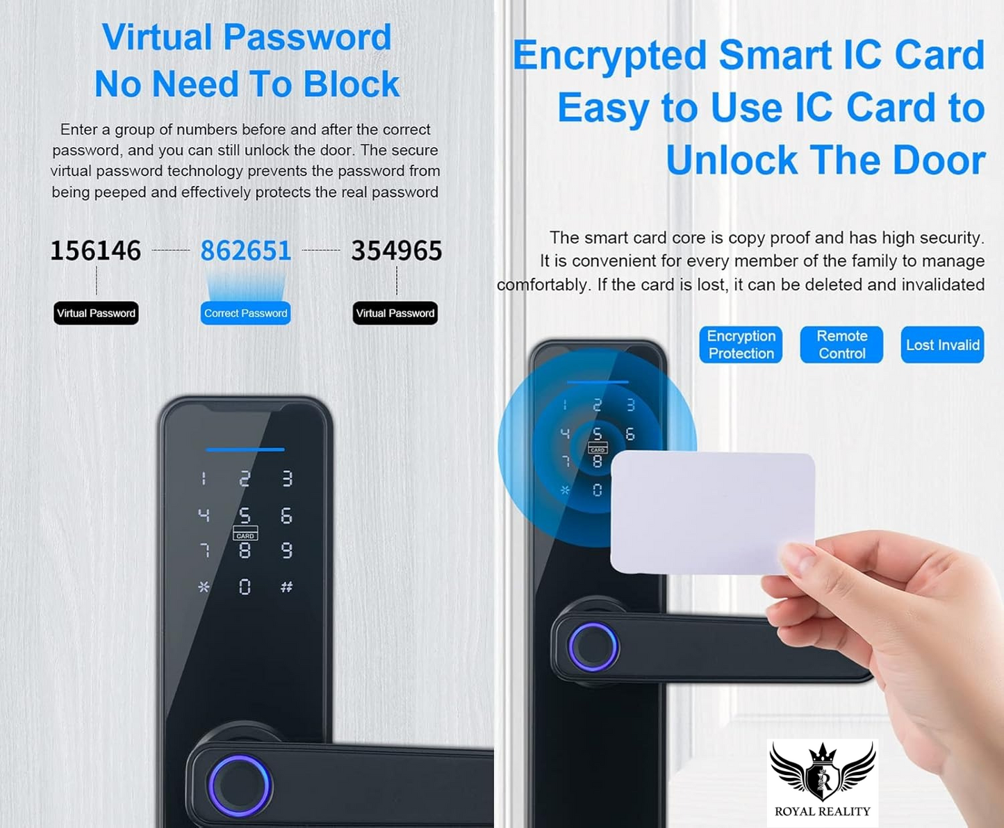 Advertisement for a door lock system with virtual password and encrypted smart IC card features.