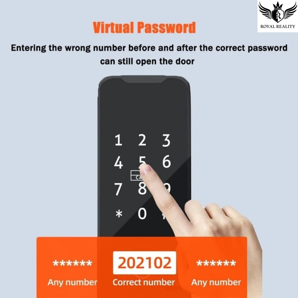 Digital keypad with a finger pressing a number, accompanied by text about virtual passwords.