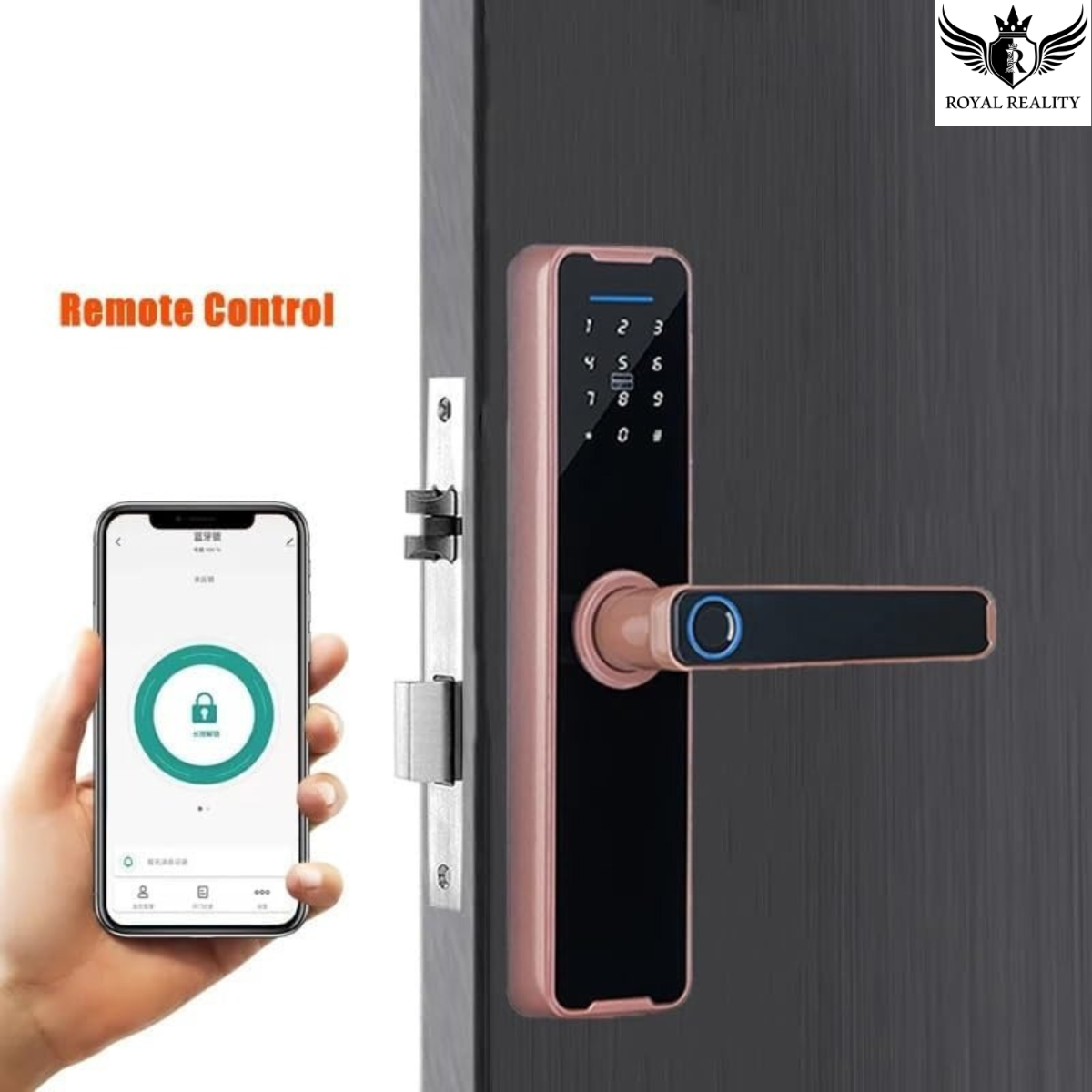 Smart door lock with remote control app on smartphone and 'Royal Reality' logo.