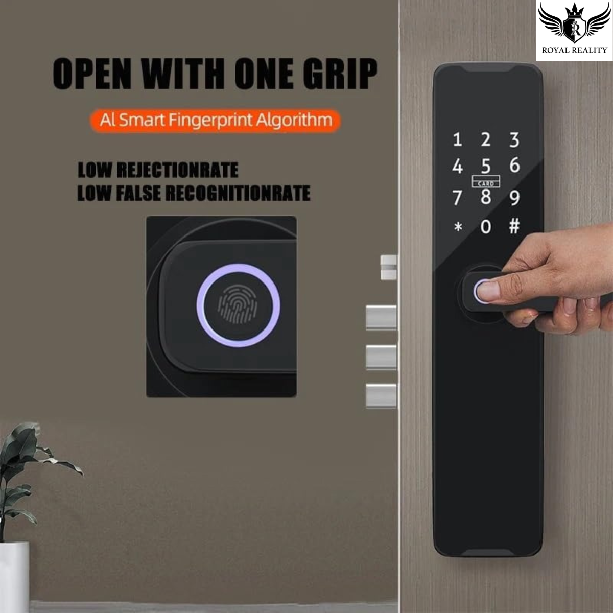 Digital door handle with fingerprint sensor and keypad on a brown background