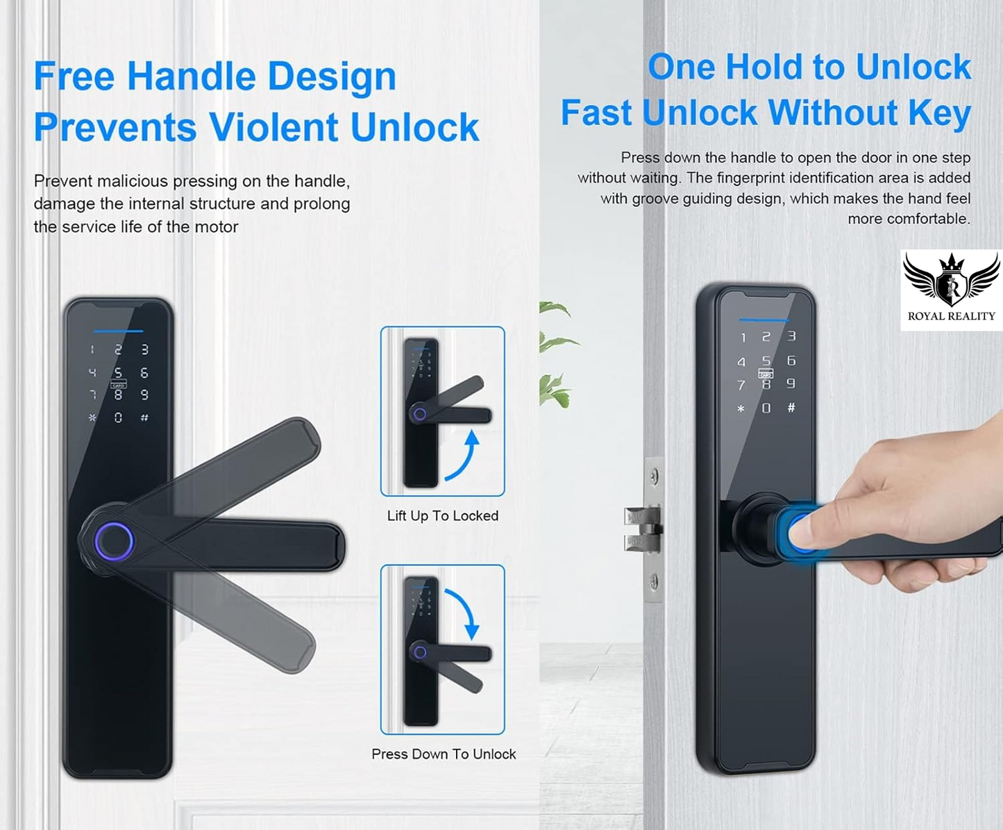 Digital door lock with free handle design and user instructions on a white background