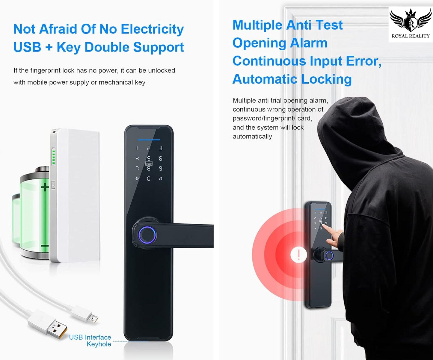 Smart door lock with USB interface, keyhole, and security features on a white background.