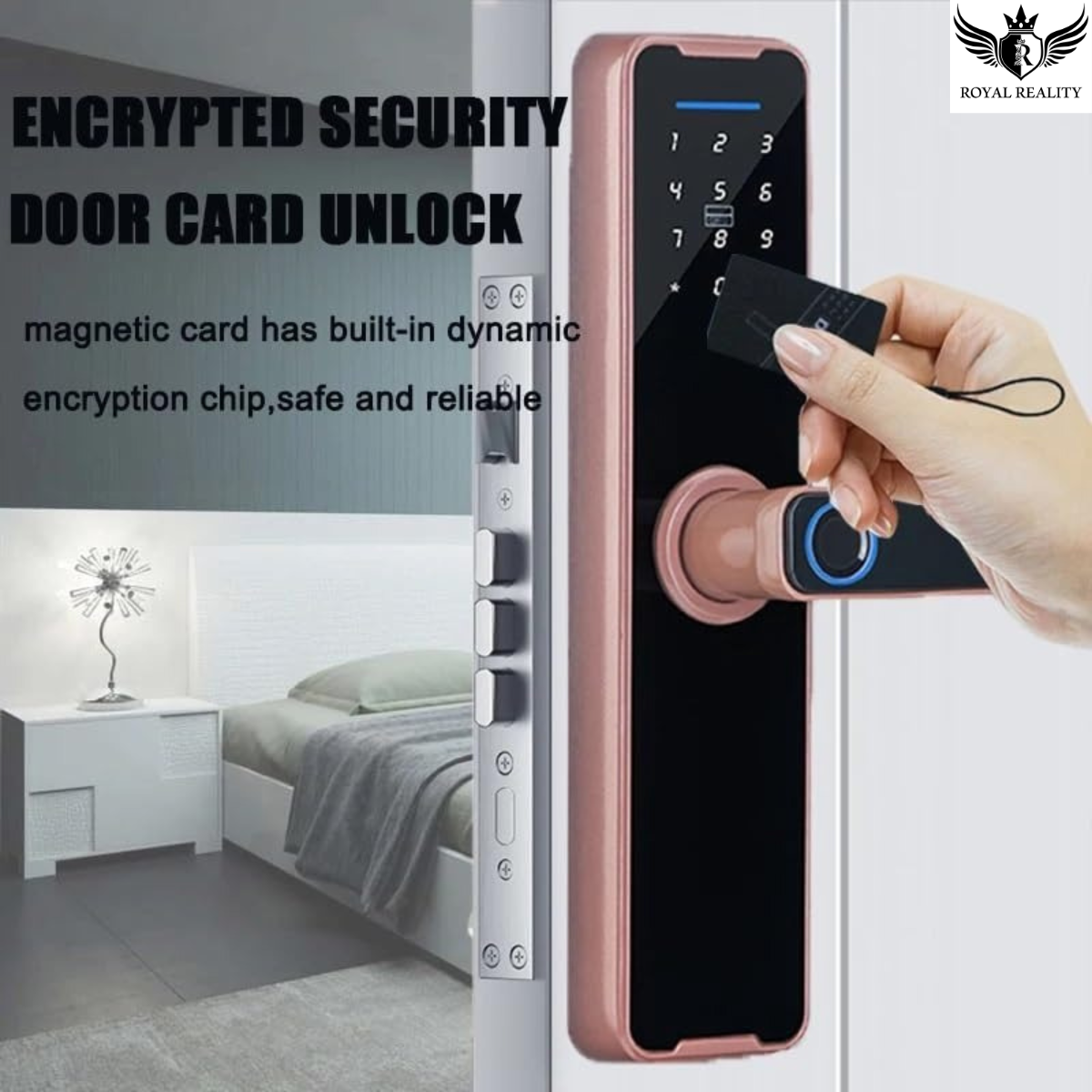 Digital door lock with a hand holding a card, set against a bedroom background.