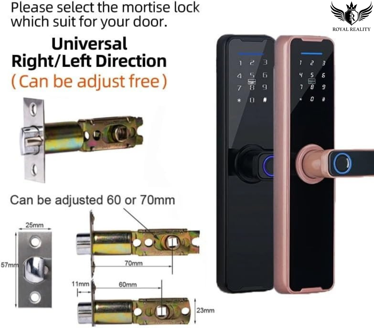 Digital door lock with adjustable mortise lock components on a white background