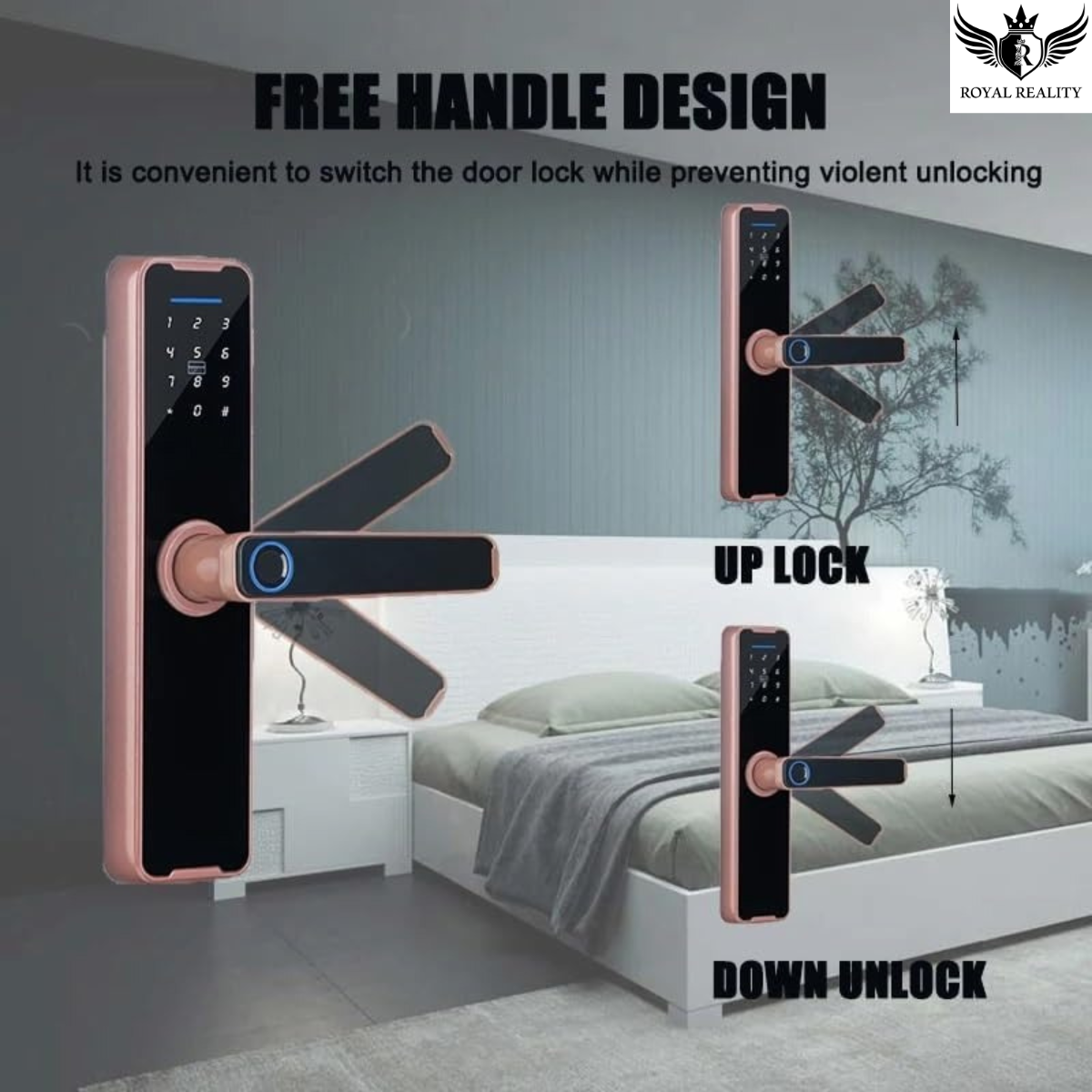 Smart door lock with free handle design in a bedroom setting