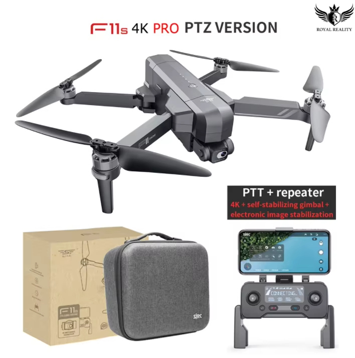 F11s 4K Pro PTZ version drone with packaging, carrying case, and remote control on a white background.