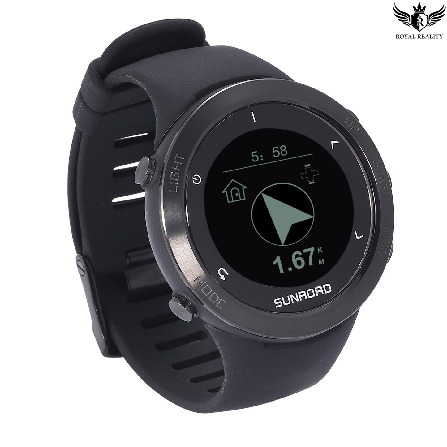 Black smartwatch with a digital display on a white background, featuring the brand 'Sunroad'.