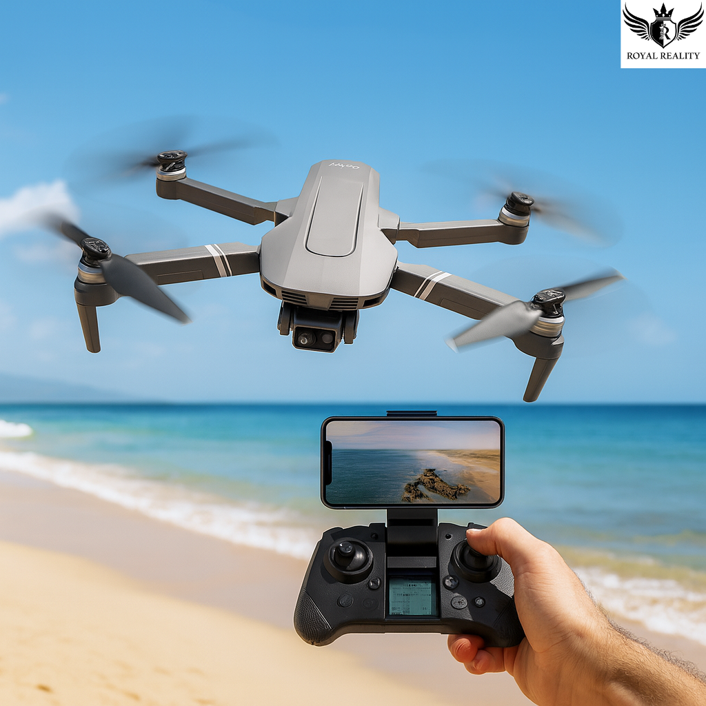 Drone flying over a beach with a person holding a control device displaying a live feed.