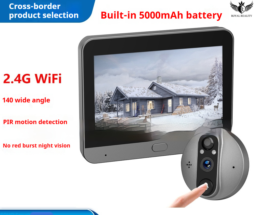 Smart doorbell with screen displaying a snowy house, featuring text on features like battery capacity and camera capabilities.