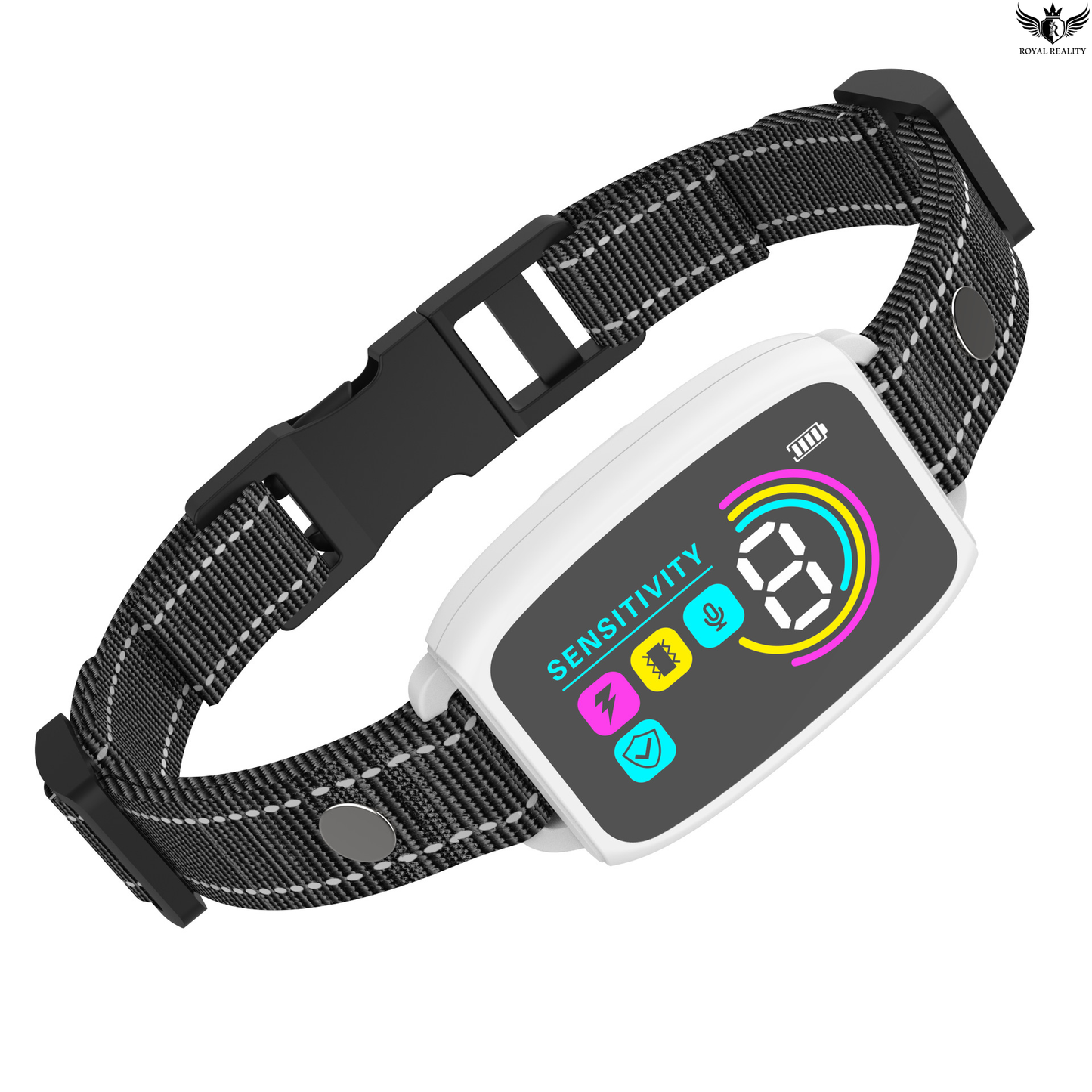 Black dog collar with a digital display on a white background