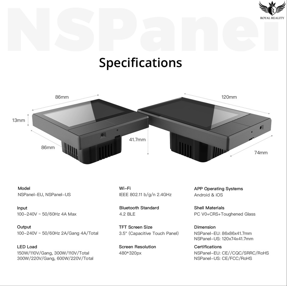 Technical specifications of a product with dimensions and features listed.