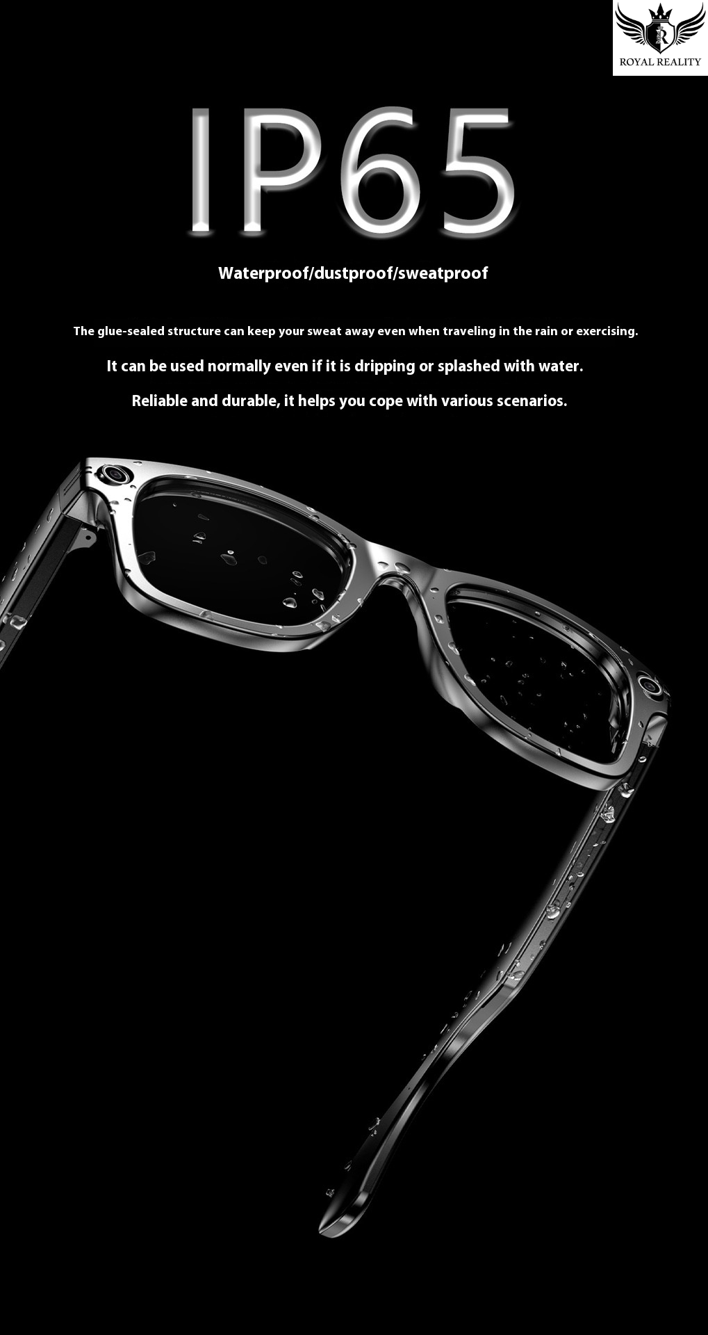 Sunglasses with water droplets on a black background, featuring text about IP65 rating.