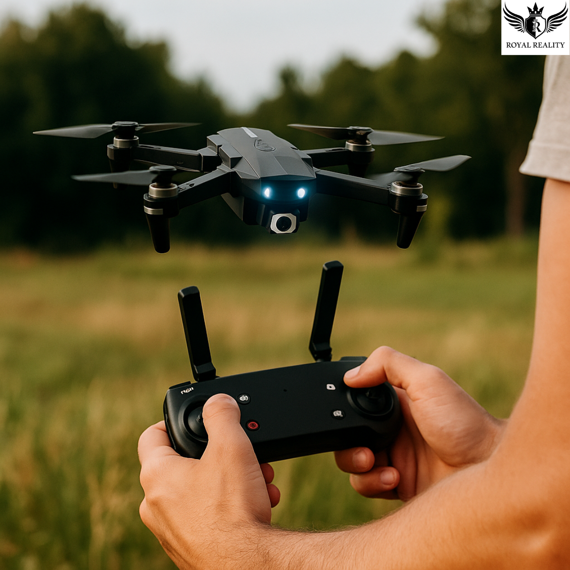 Person holding a drone controller with a drone flying in the background