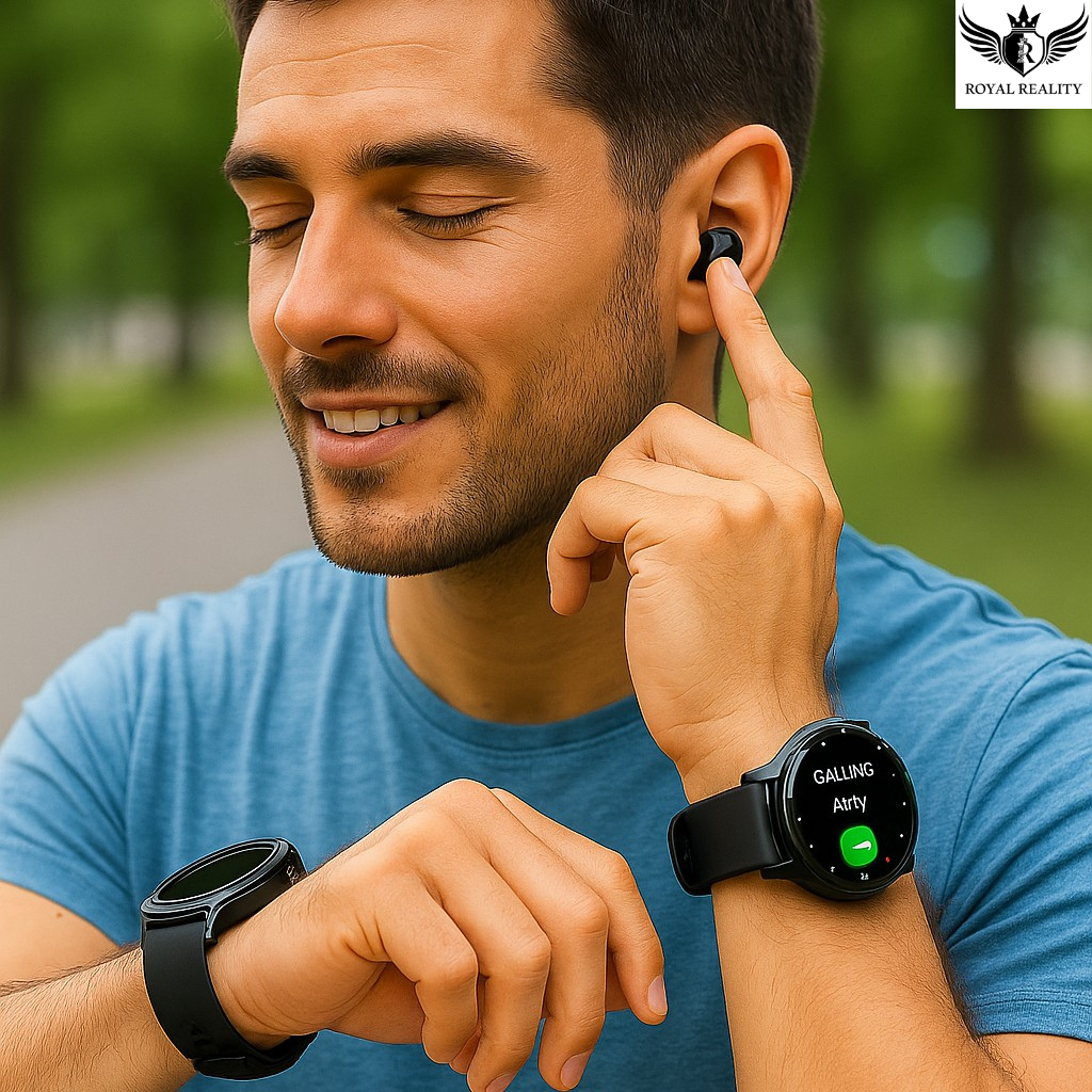 Man using a smartwatch and earbud outdoors