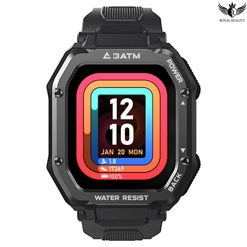 Black Outdoor Smartwatch with Red Digital Interface – Rugged Design