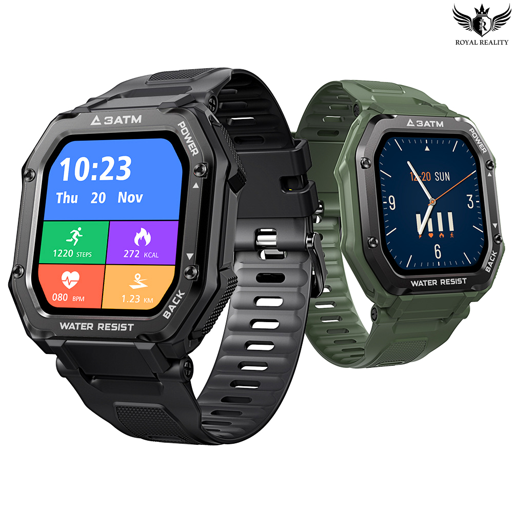Dual View: Rugged Smartwatch with Bright Fitness Dashboard and Side Angle
