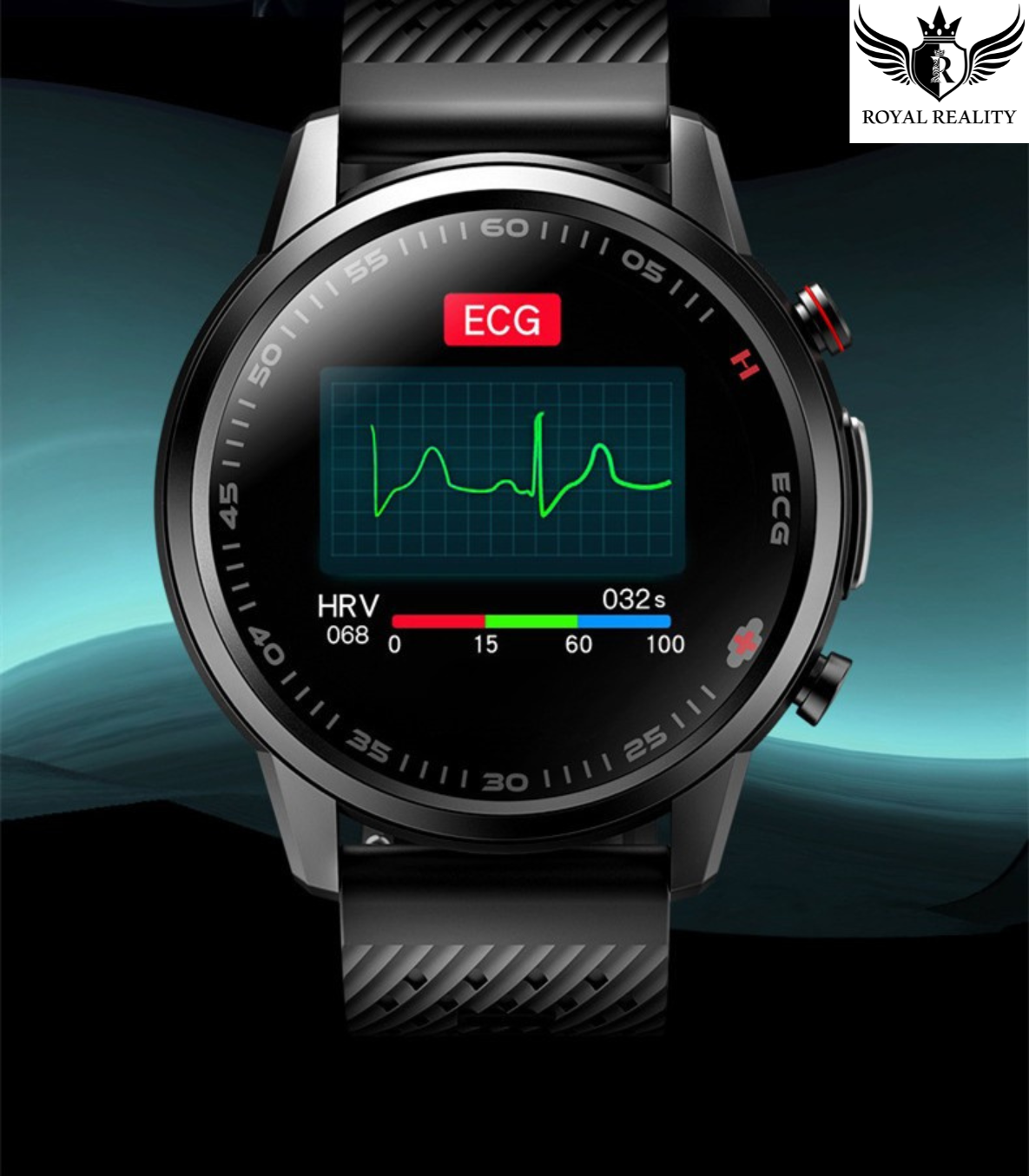 Smartwatch with ECG display on a dark background, branded 'Royal Reality'.