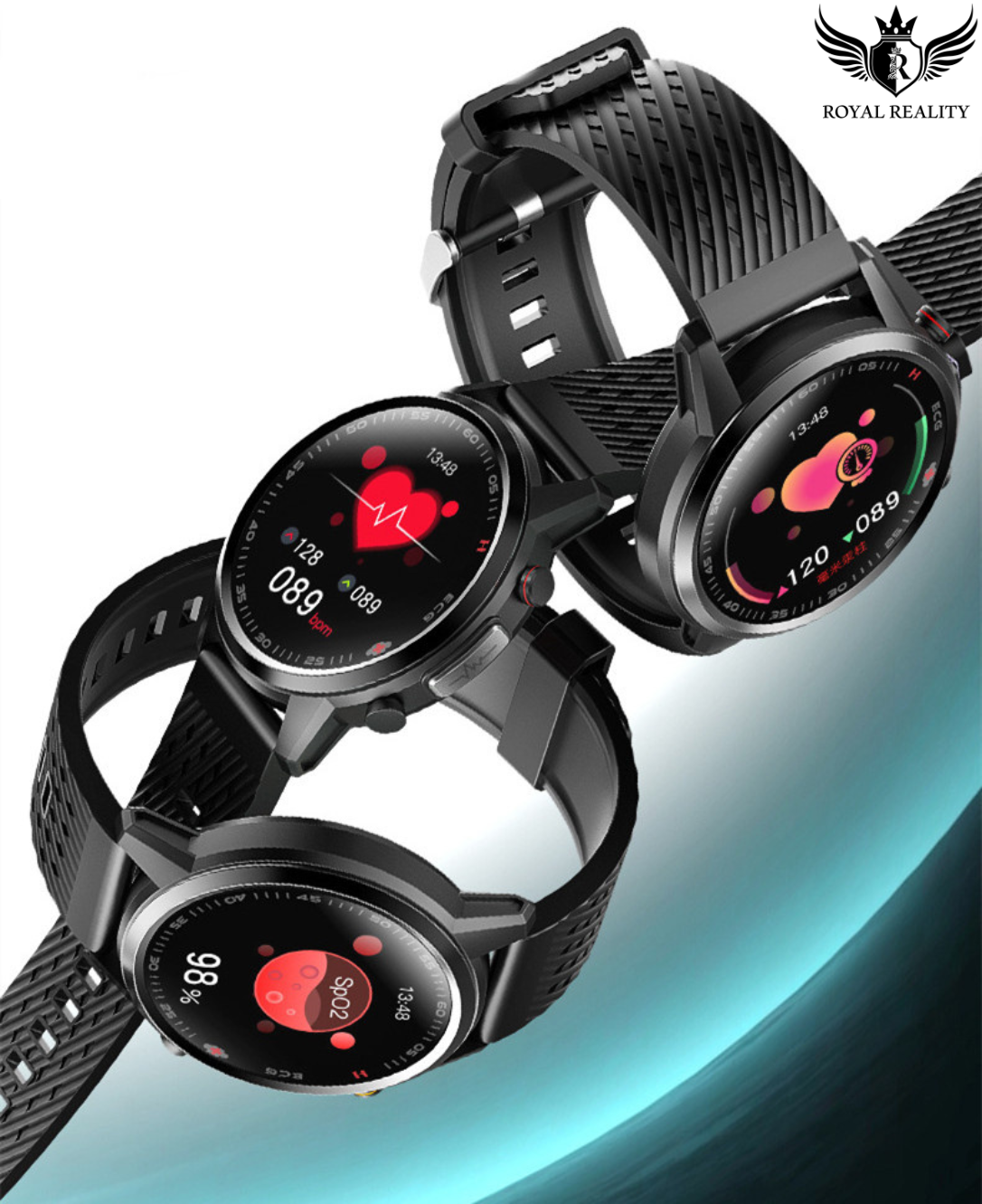 Three black smartwatches with digital displays on a white background, branded 'Royal Reality'.