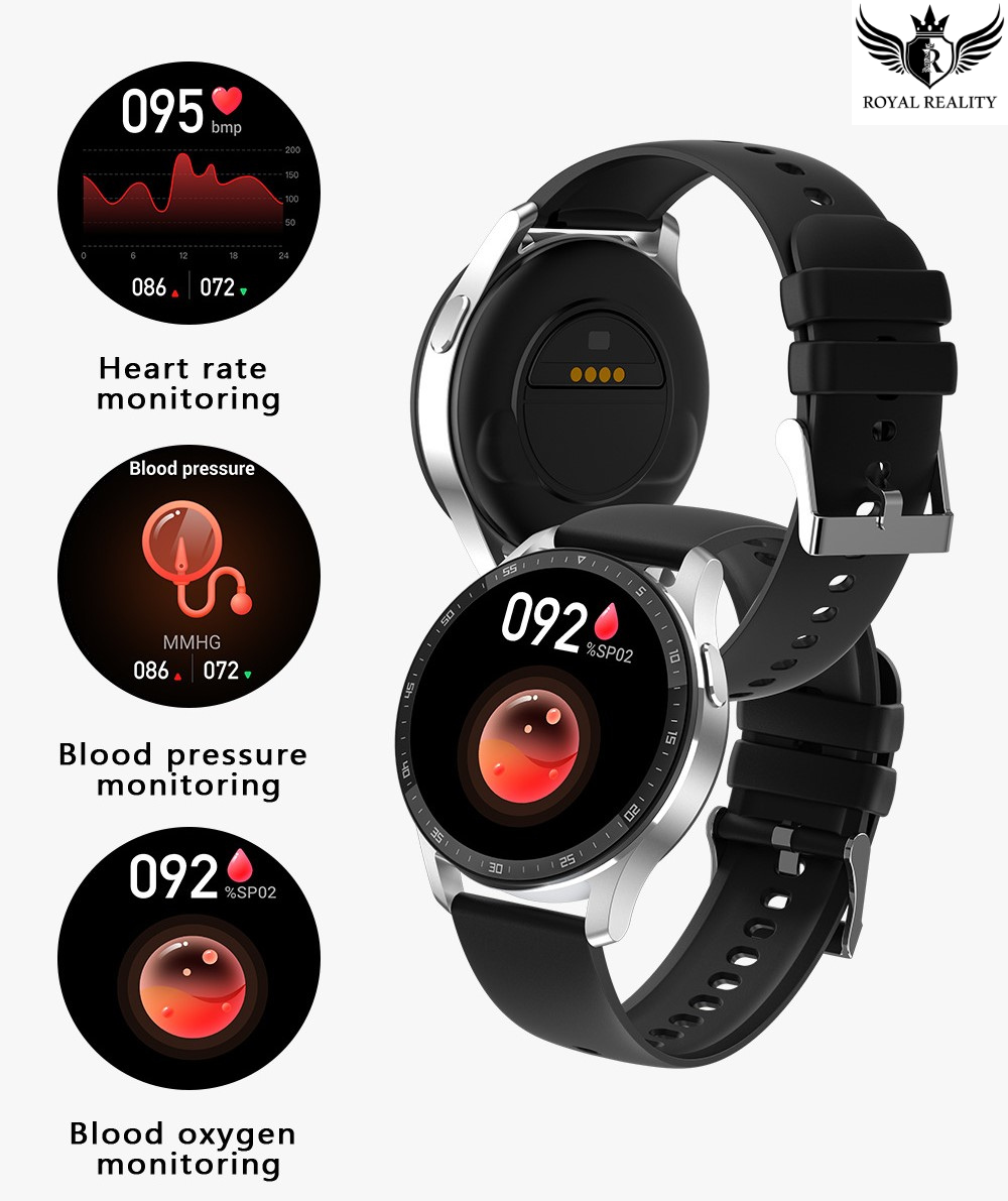 Smartwatch with heart rate, blood pressure, and blood oxygen monitoring features on a white background.