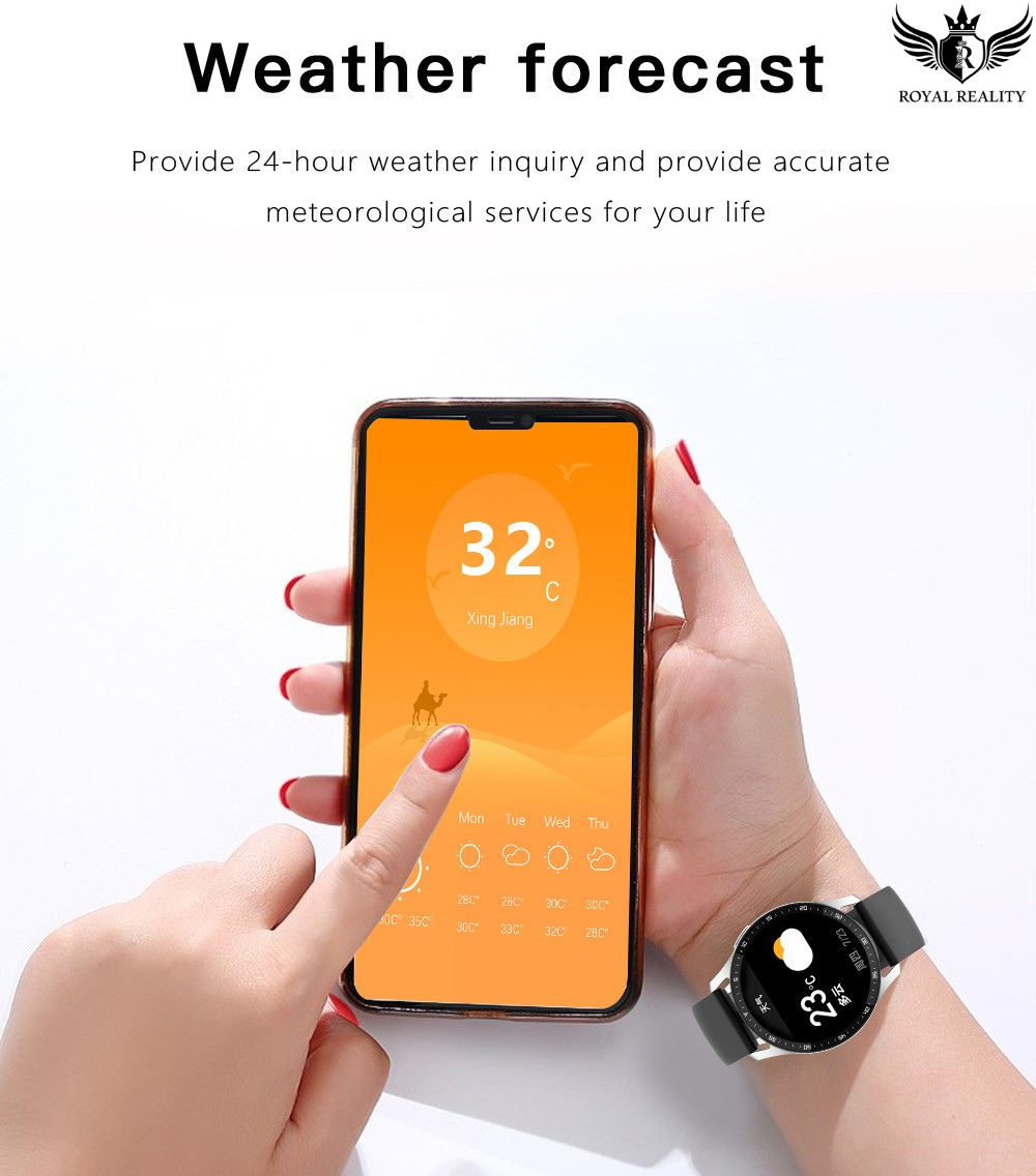 Person holding a smartphone with a weather app displaying 32 degrees Celsius, wearing a smartwatch.