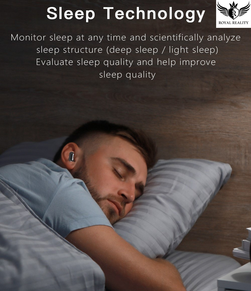 Man sleeping with a device in his ear, text about sleep technology monitoring and analyzing sleep quality.