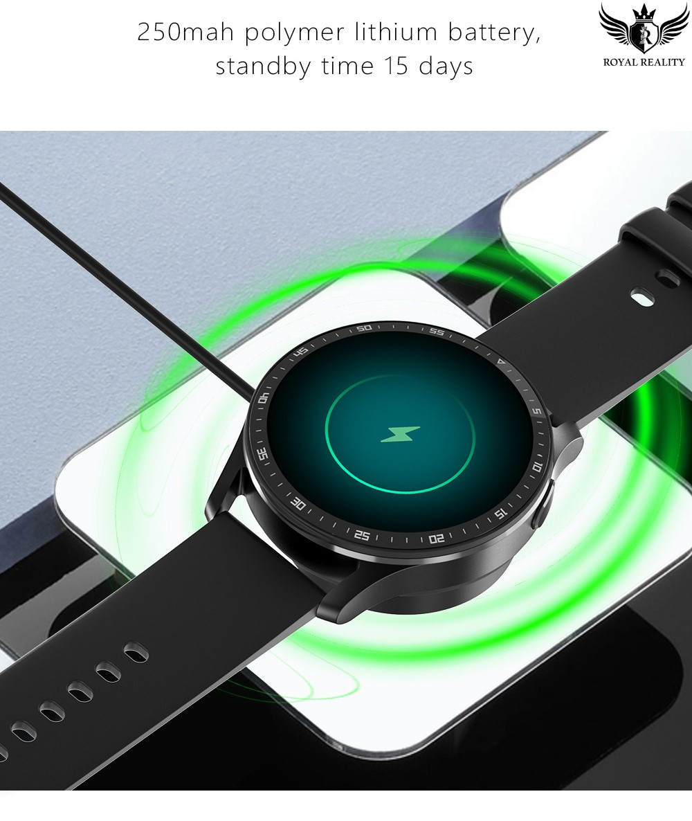 Smartwatch with a black band on a reflective surface, featuring text about battery capacity and standby time.