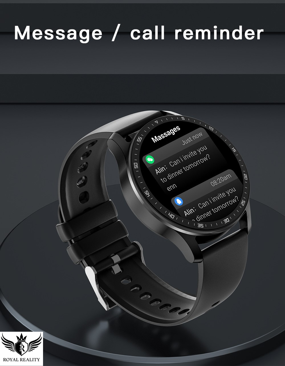 Smartwatch with message and call reminder display on a dark background