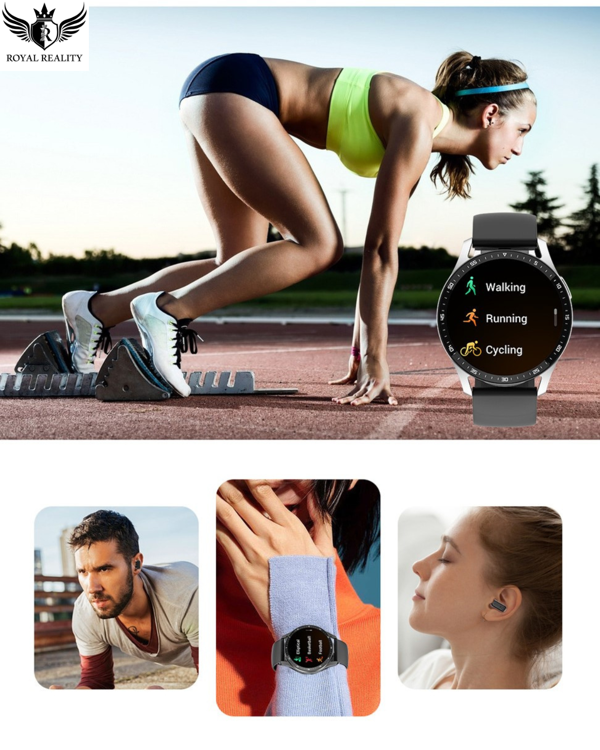 Woman exercising on a track with a smartwatch displaying activity data, surrounded by inset images of people wearing the watch.