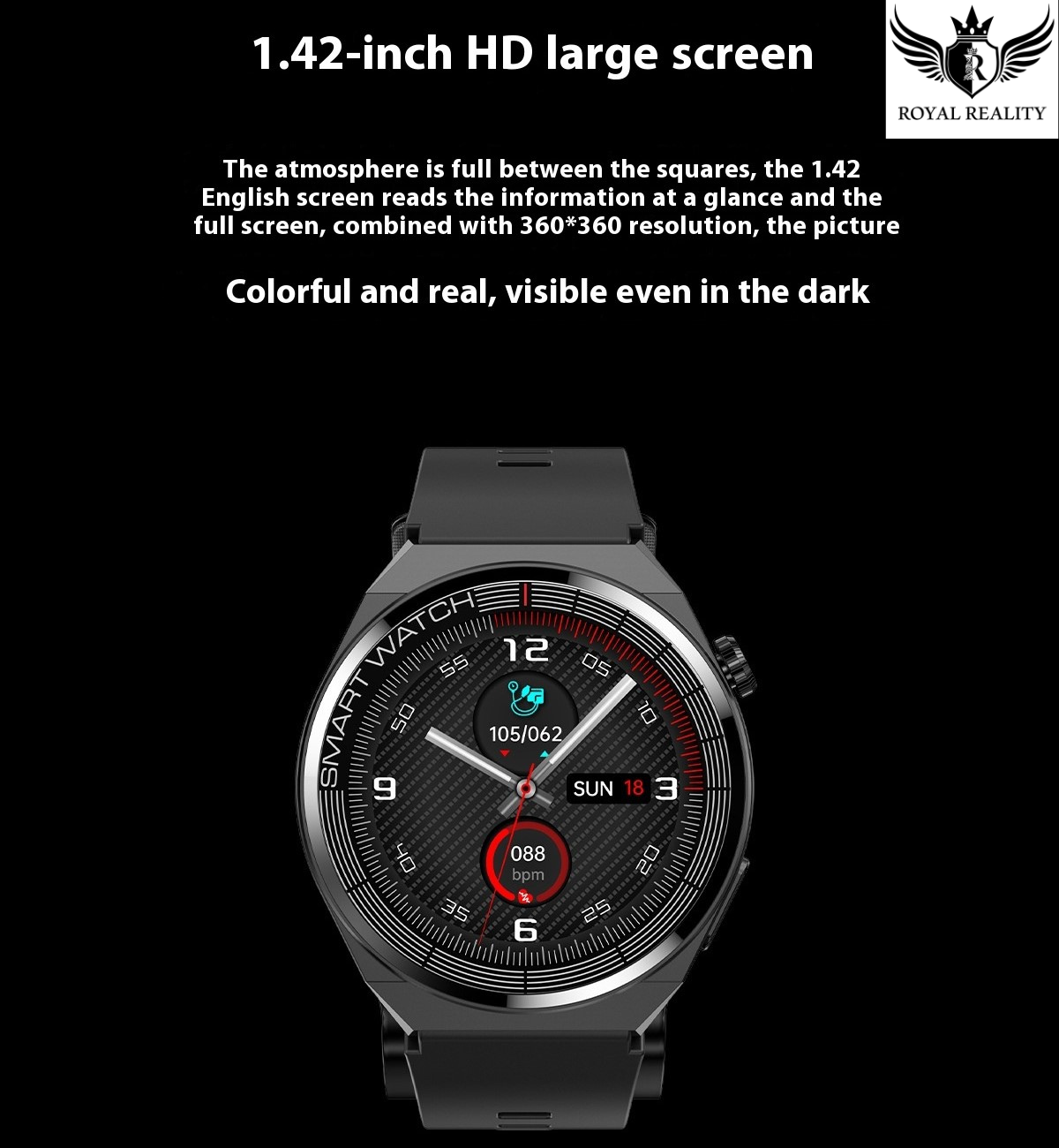 Smartwatch with a large screen on a black background, featuring text about its screen size and resolution.