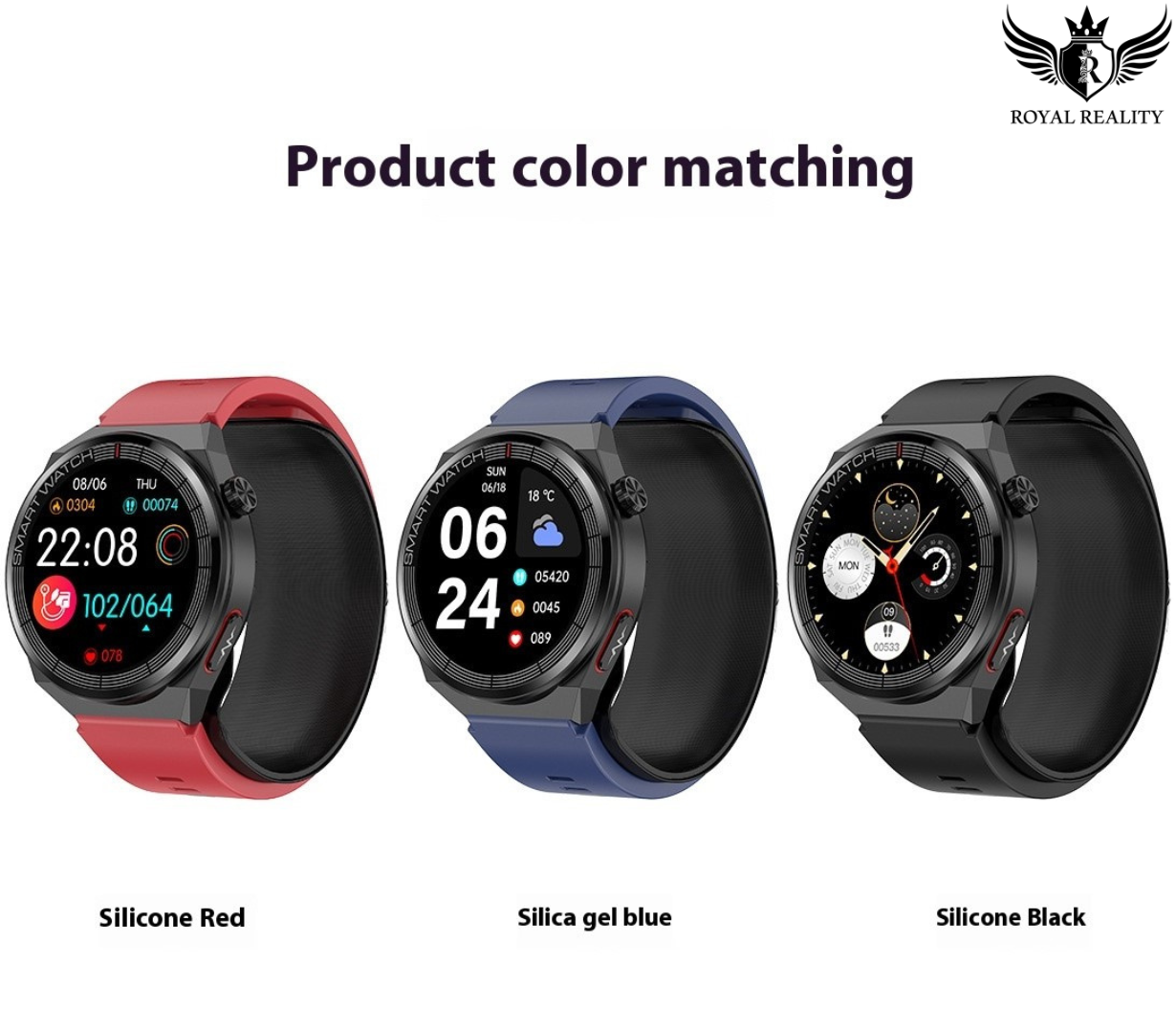 Three smartwatches with different colored silicone bands on a white background, labeled 'Silicone Red', 'Silica gel blue', and 'Silicone Black'.