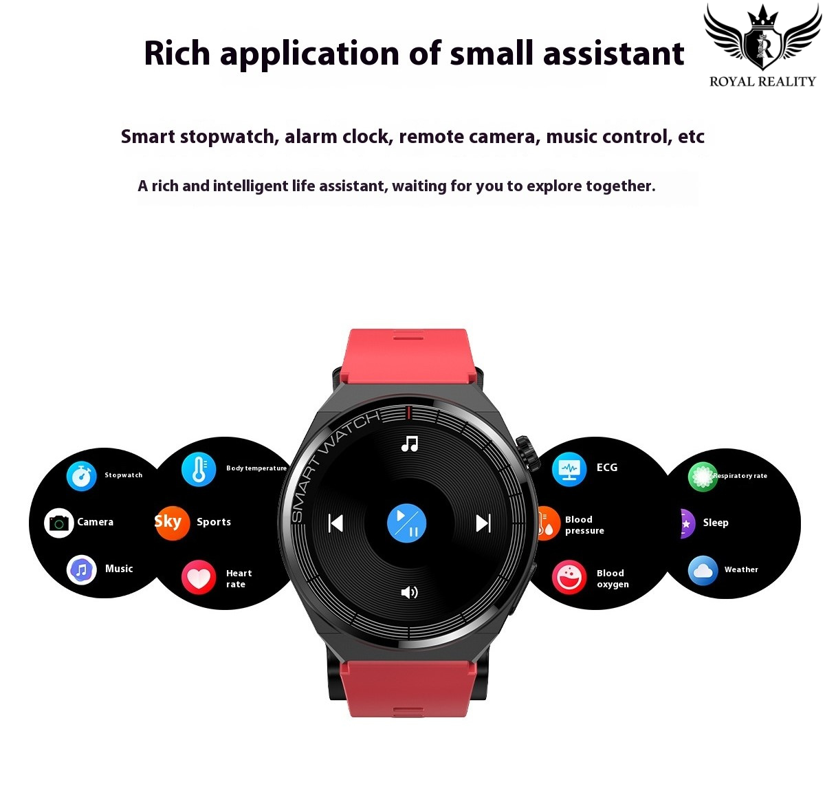Smartwatch with red band and app icons on a white background, featuring text about its features.