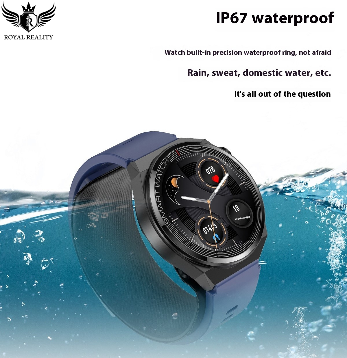 Smartwatch with blue band submerged in water, emphasizing IP67 waterproof feature.