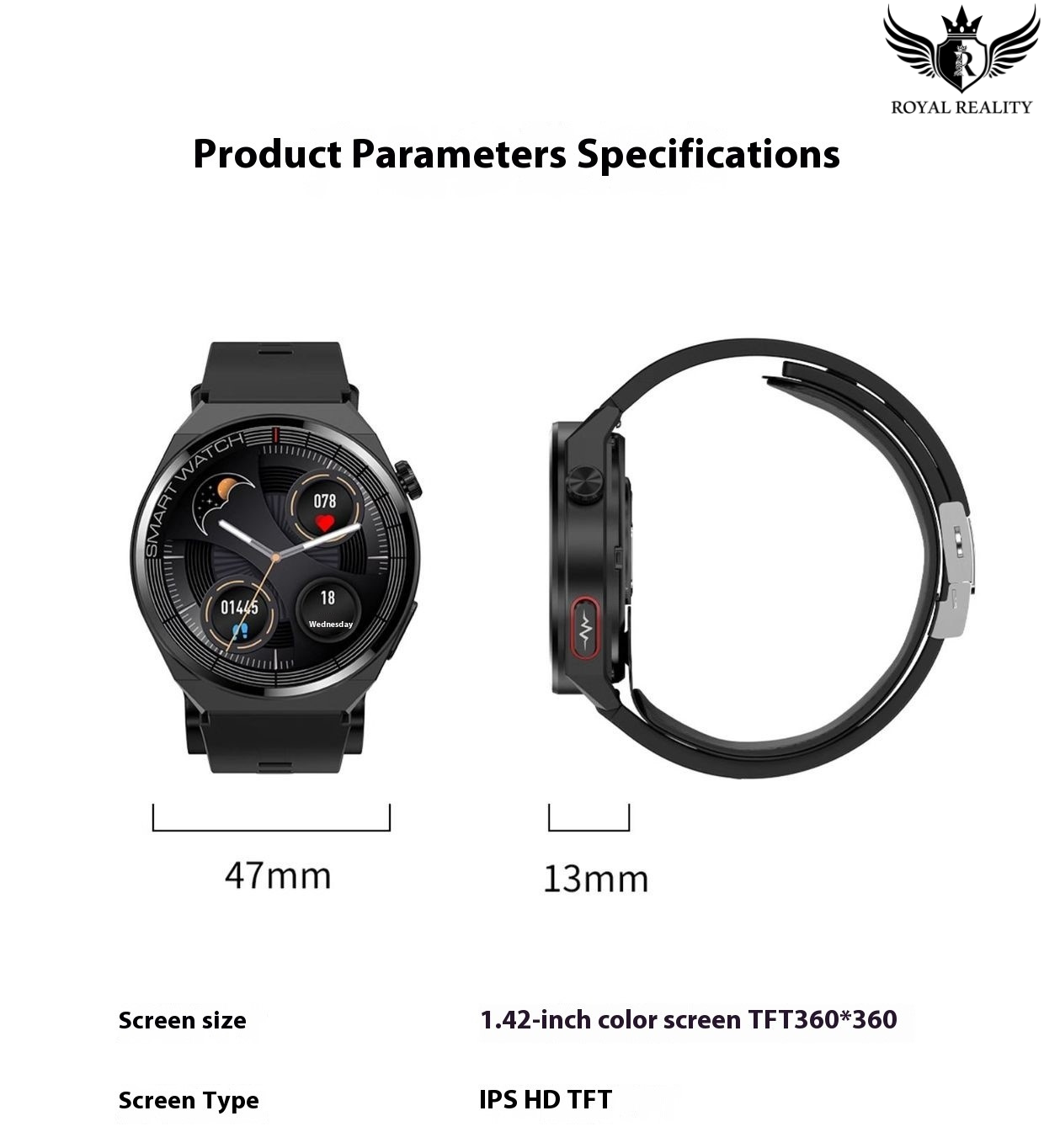 Smartwatch with band specifications on a white background