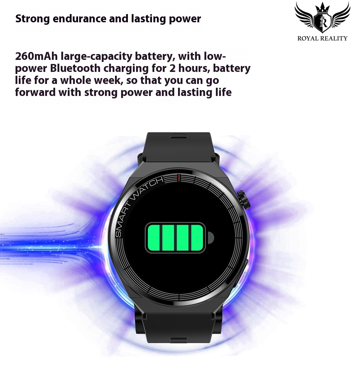 Smartwatch with battery indicator on a white background, featuring text about battery life and charging time.