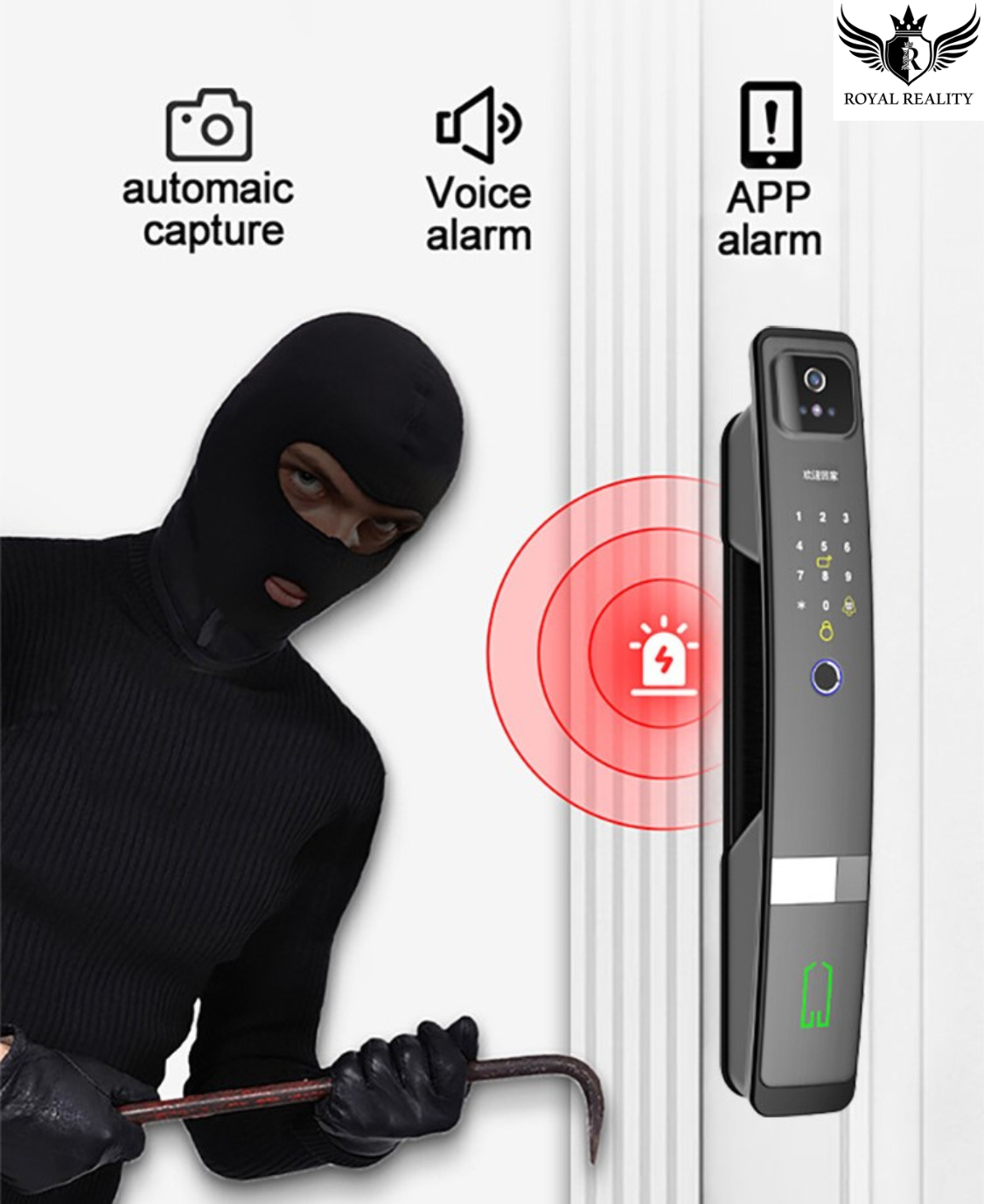 Digital door lock with security features and a burglar trying to break into a house.