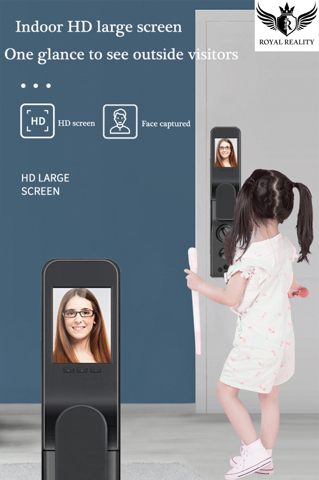 Doorbell with HD screen displaying a face, child interacting with it, against a blue wall.