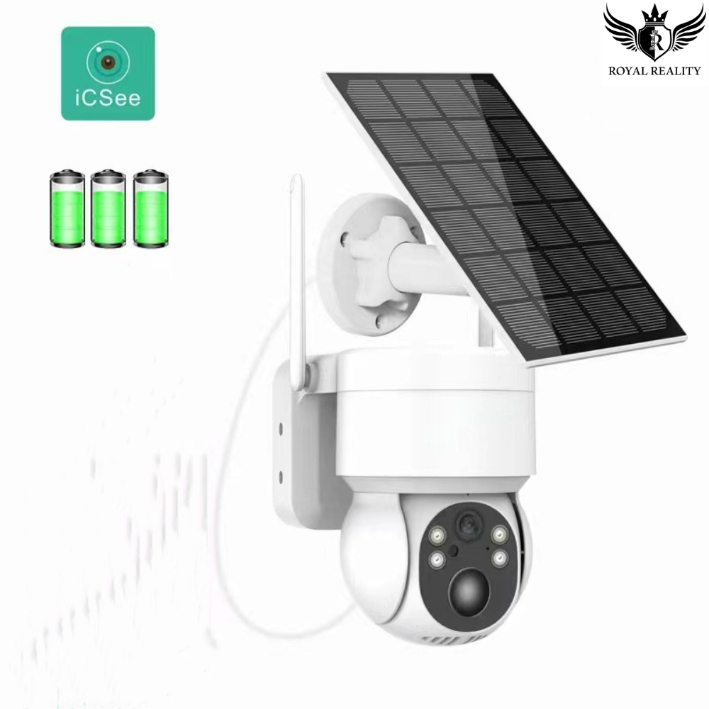 "Smart security camera with solar panel and battery indicators"