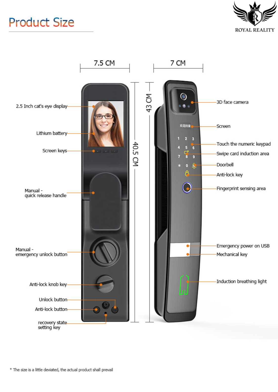 Smart door lock with labeled features and dimensions on a white background