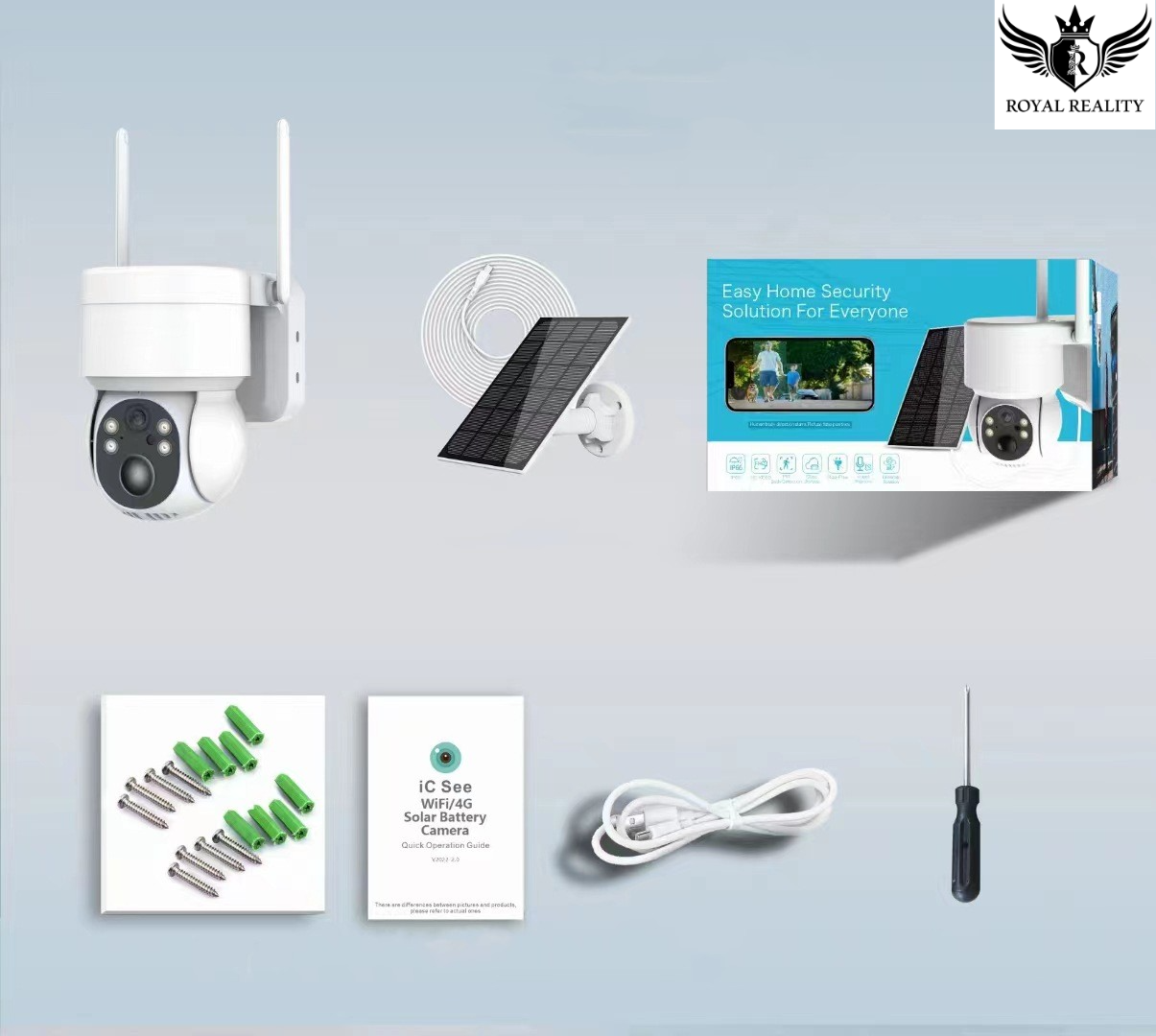 "Camera installation guide showing included parts and mobile app setup"