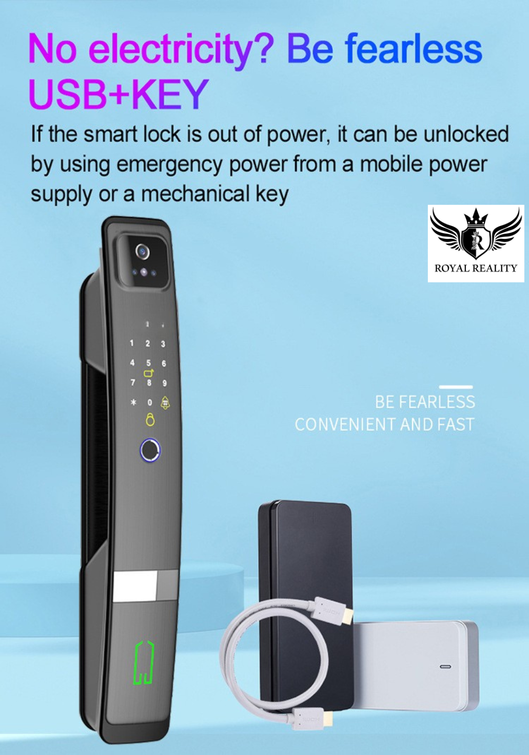 Smart lock with USB and key for emergency unlocking, on a light blue background.