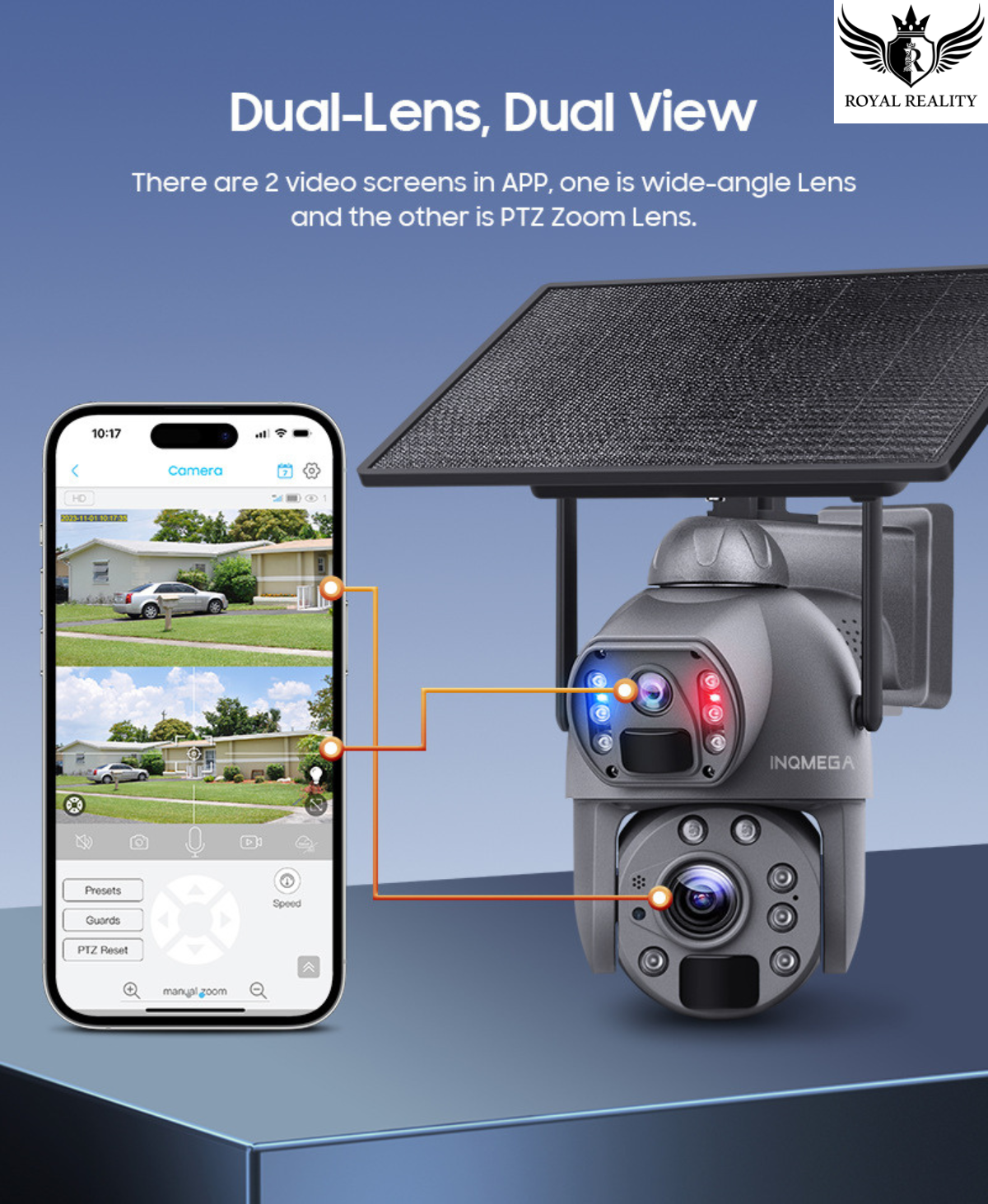Security camera with dual-lens setup and smartphone app interface on a blue background