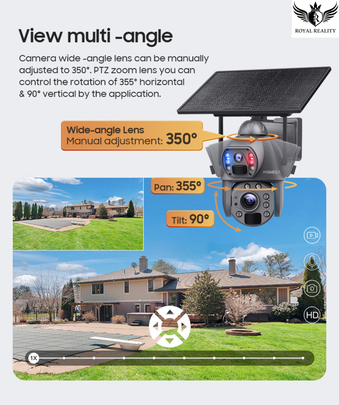 Camera with wide-angle lens and PTZ zoom capabilities, showing multi-angle view on a house.