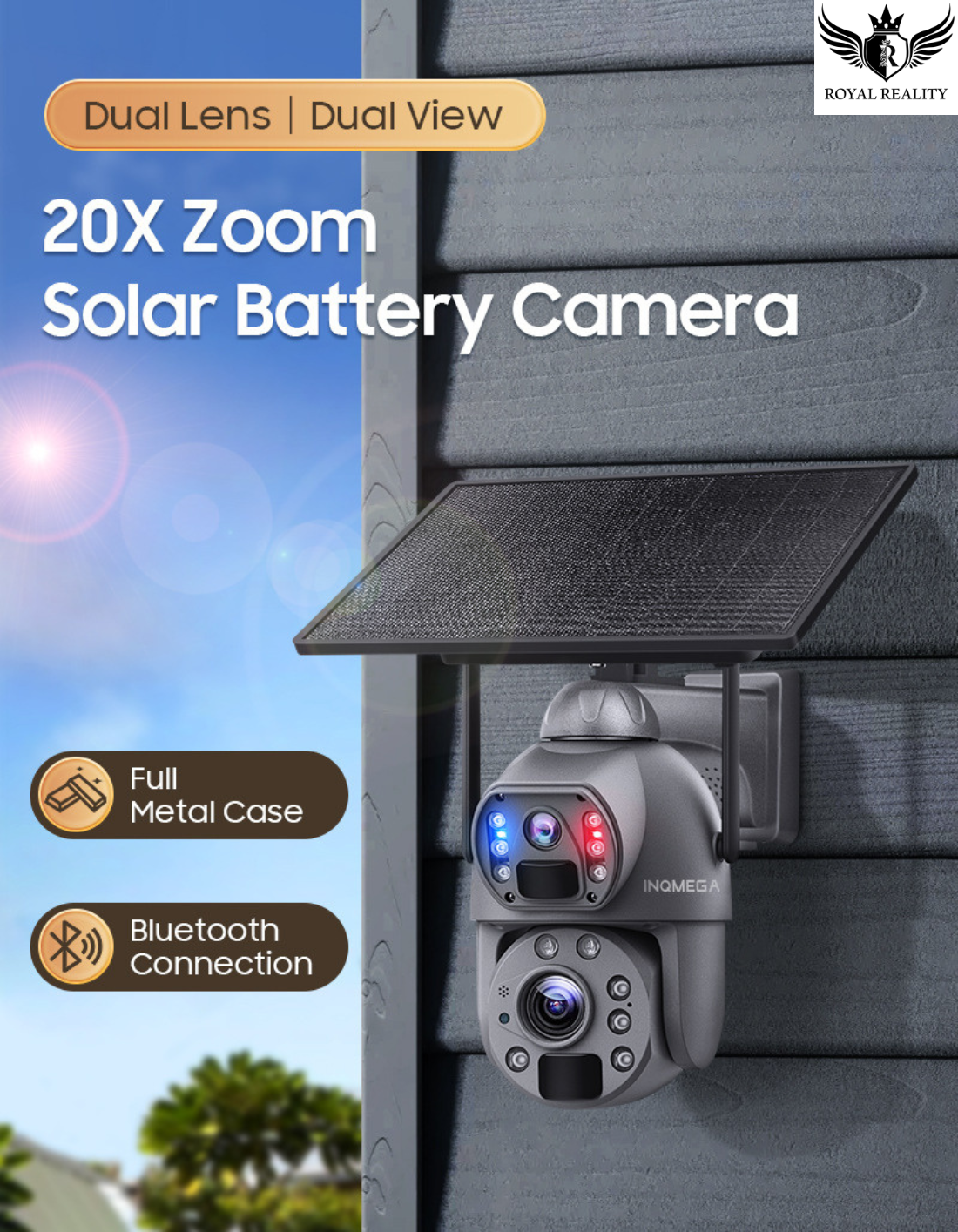 Solar battery camera with 20X zoom and Bluetooth connection on a wall.