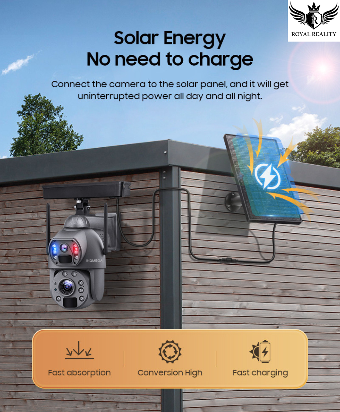 Solar-powered security camera system on a wooden wall with text highlighting its features.