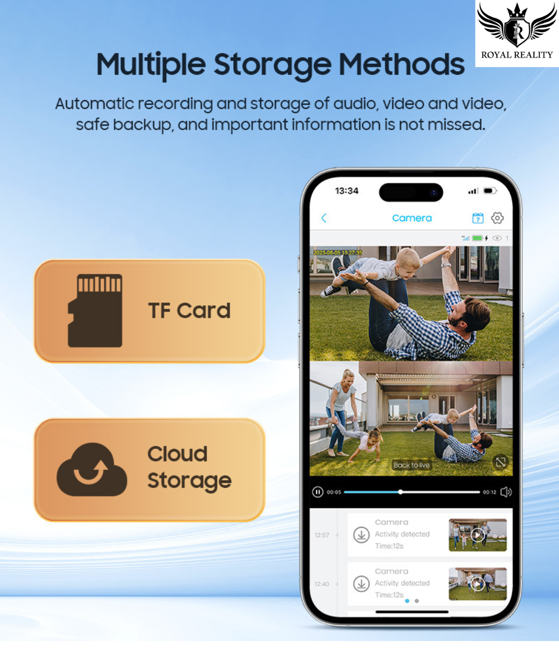Phone app interface with TF card and cloud storage options on a blue background